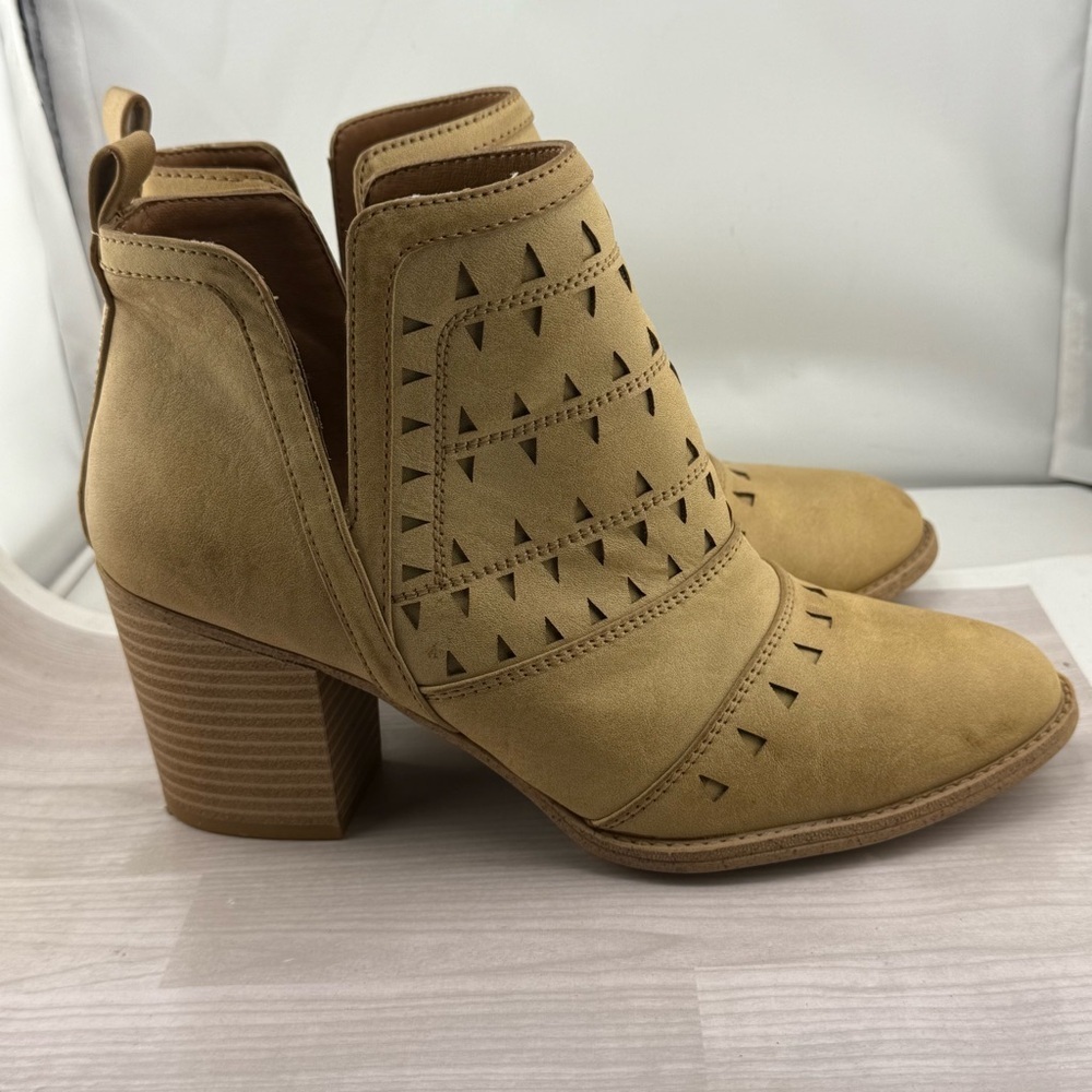 Sofft Tan Ankle Booties with Chunky Heel and Perforated Design